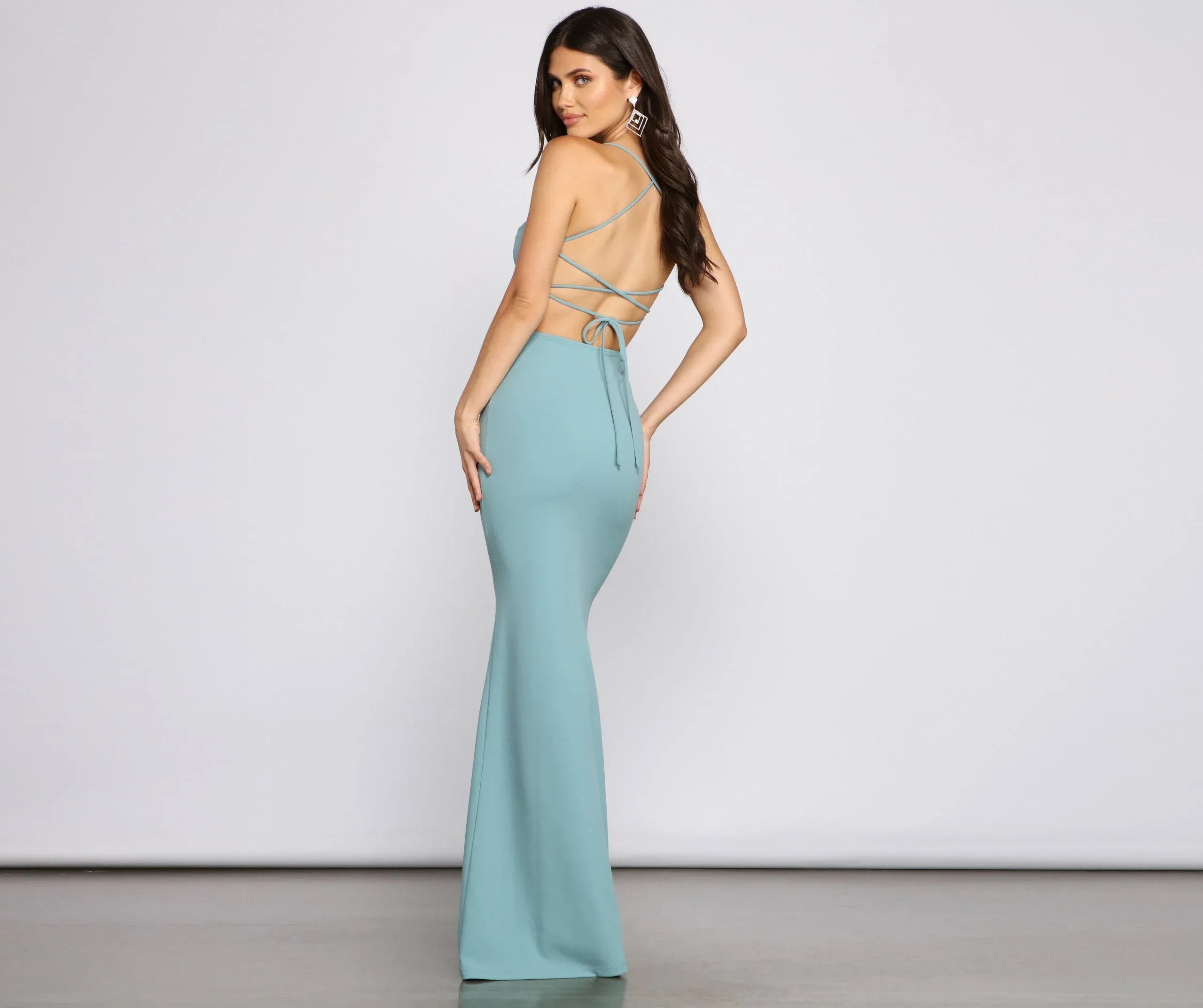 Minimal Mermaid Strappy-Tube Crisscross-Back Sage Long Formal Prom Dress