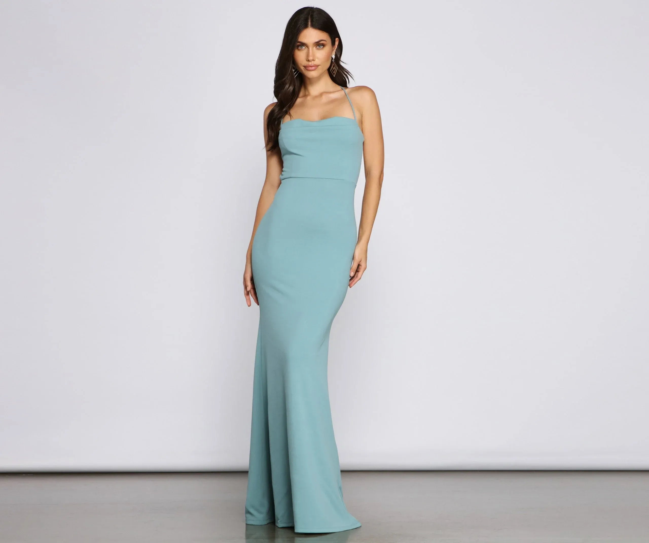 Minimal Mermaid Strappy-Tube Crisscross-Back Sage Long Formal Prom Dress