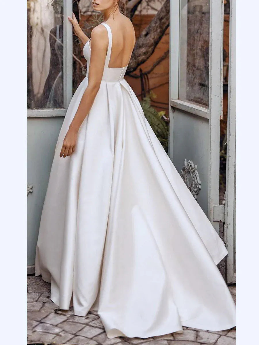 Minimalist A-Line Square Neck Sleeveless Satin White Train Wedding Dress With Pockets