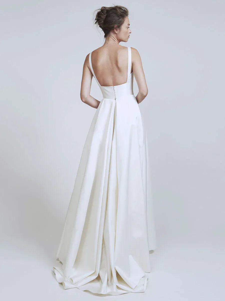 Minimalist A-Line Square Neck Sleeveless Satin White Train Wedding Dress With Pockets