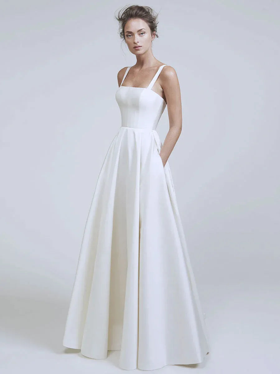 Minimalist A-Line Square Neck Sleeveless Satin White Train Wedding Dress With Pockets