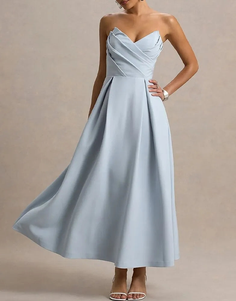 Minimalist A-Line Strapless Pleated Sky Blue Tea Length Prom Dress With Pocket