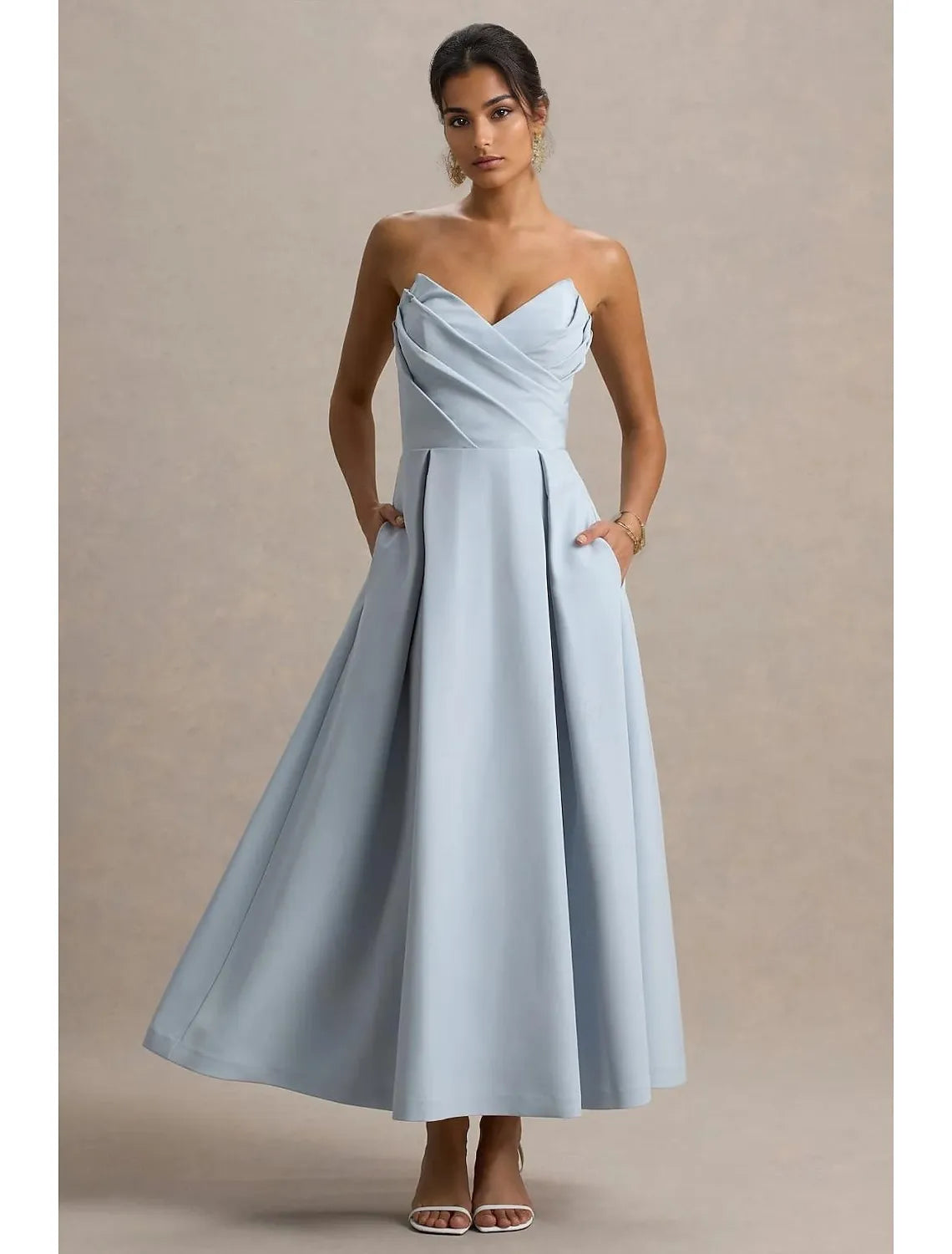Minimalist A-Line Strapless Pleated Sky Blue Tea Length Prom Dress With Pocket