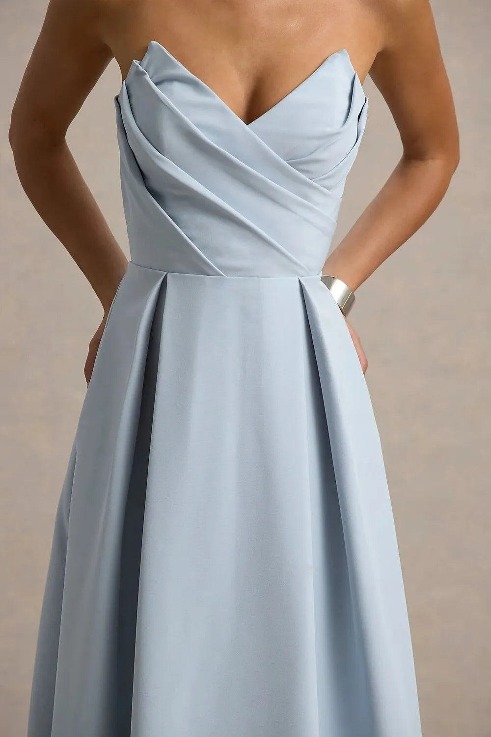 Minimalist A-Line Strapless Pleated Sky Blue Tea Length Prom Dress With Pocket