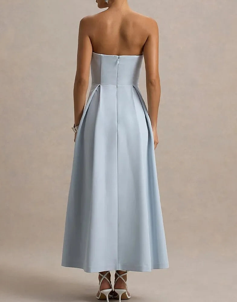 Minimalist A-Line Strapless Pleated Sky Blue Tea Length Prom Dress With Pocket