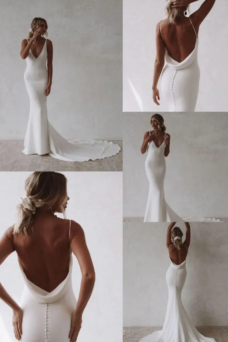 Minimalist Mermaid Deep V-Neck Cowl Open Back White Train Wedding Dress