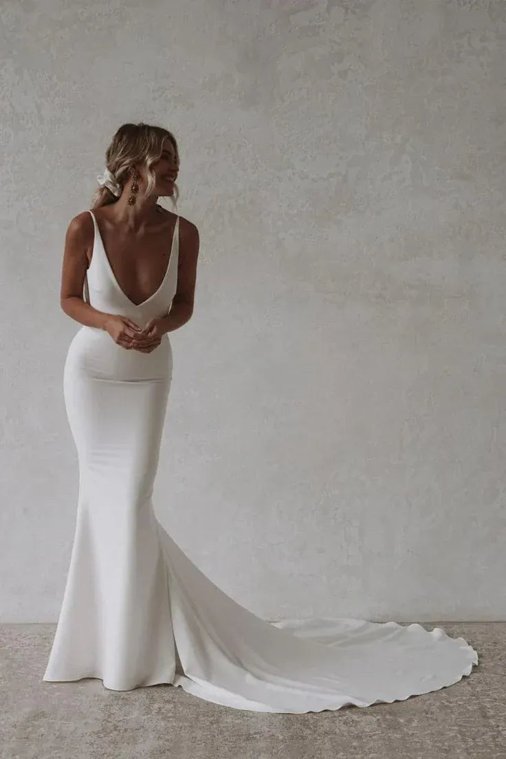 Minimalist Mermaid Deep V-Neck Cowl Open Back White Train Wedding Dress
