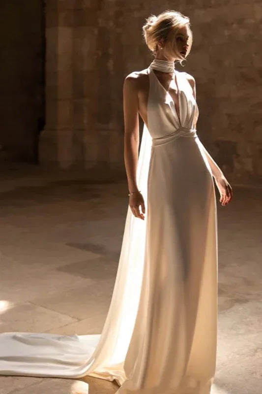 Minimalist Mermaid Halter V Neck Open-Back Ivory Prom Dress With Train Hot Sale