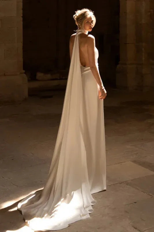 Minimalist Mermaid Halter V Neck Open-Back Ivory Prom Dress With Train Hot Sale