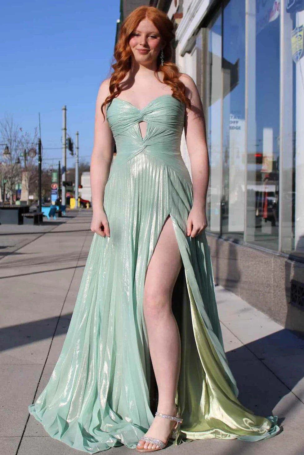Mint Green Metallic A-Line Strapless Sleeveless Pleated Keyhole Hollowing High Slit Long Prom Dress