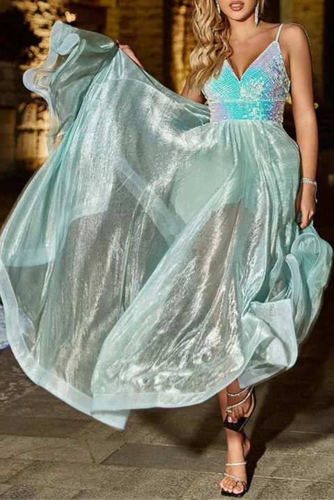 Mint Green Sequins V-Neck Spaghetti Straps Sheer Maxi Dress Party Dress With High Slit
