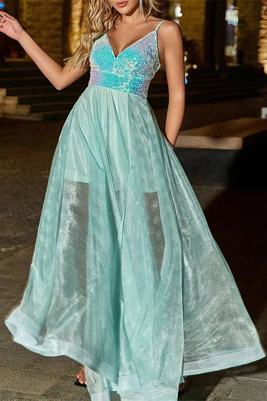 Mint Green Sequins V-Neck Spaghetti Straps Sheer Maxi Dress Party Dress With High Slit