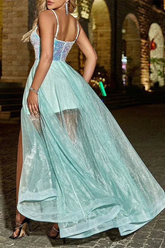 Mint Green Sequins V-Neck Spaghetti Straps Sheer Maxi Dress Party Dress With High Slit
