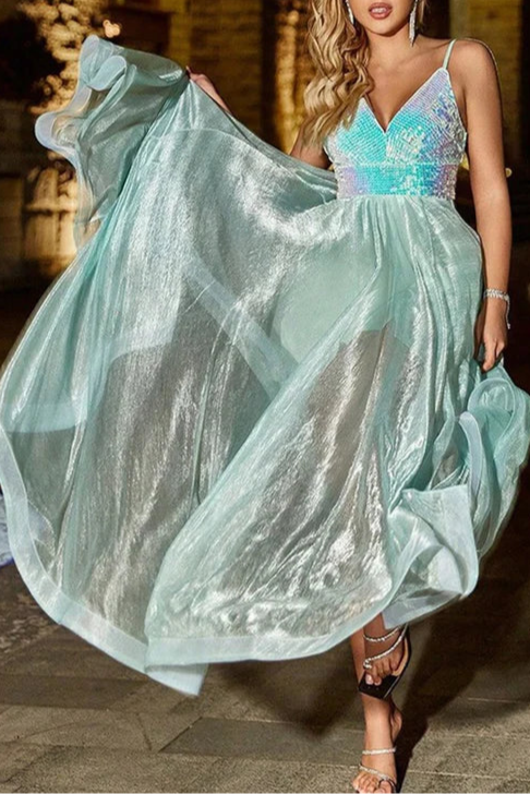 Mint Green Sequins V-Neck Spaghetti Straps Sheer Maxi Dress Party Dress With High Slit