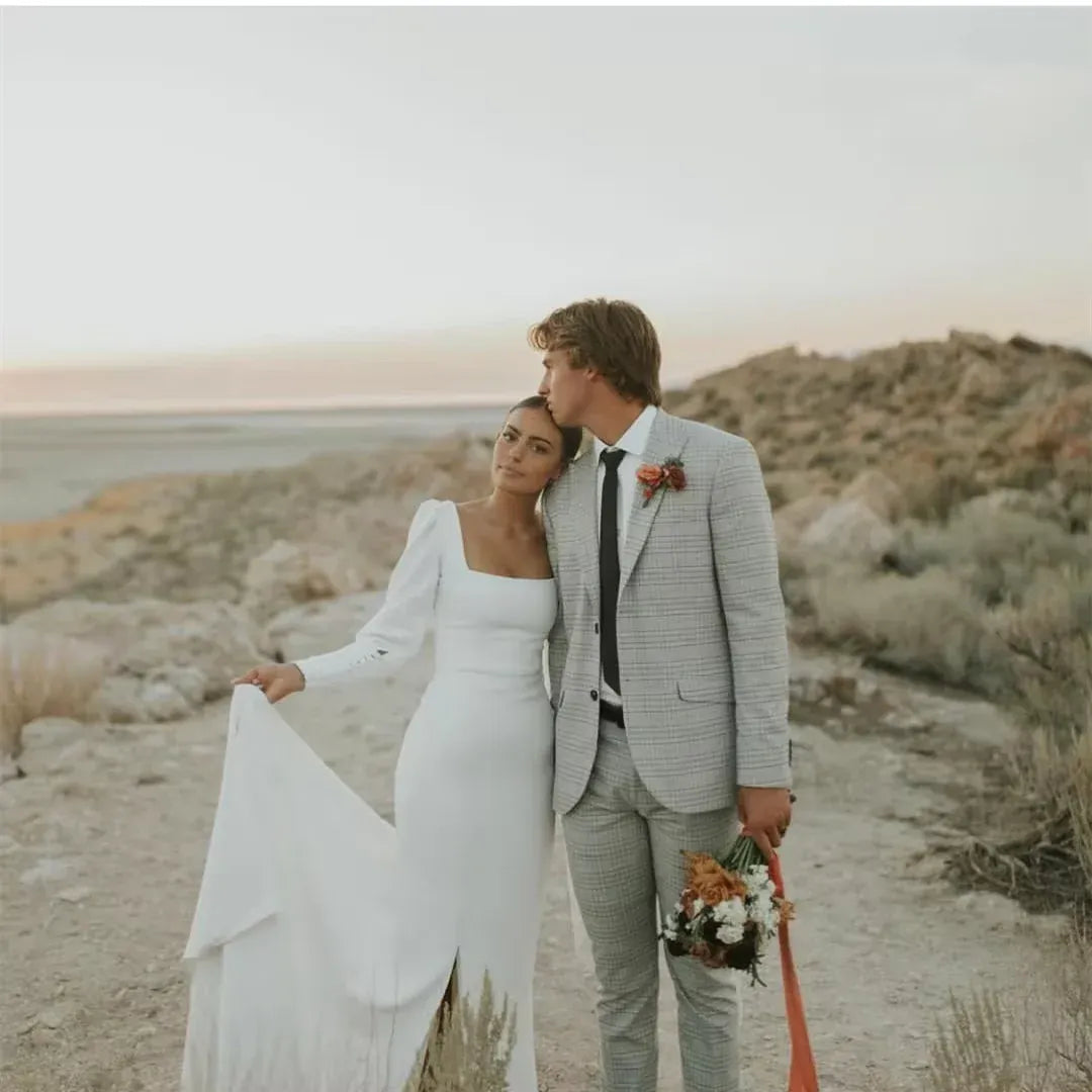 Modern Mermaid Square Neck Long Sleeve White Train Wedding Dress With Slit