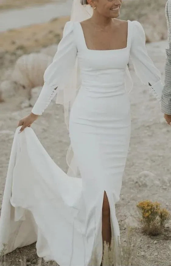 Modern Mermaid Square Neck Long Sleeve White Train Wedding Dress With Slit