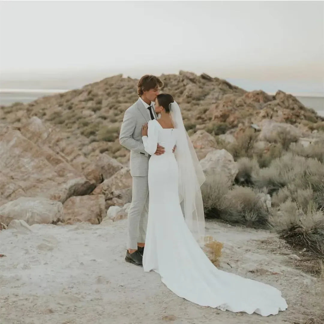 Modern Mermaid Square Neck Long Sleeve White Train Wedding Dress With Slit