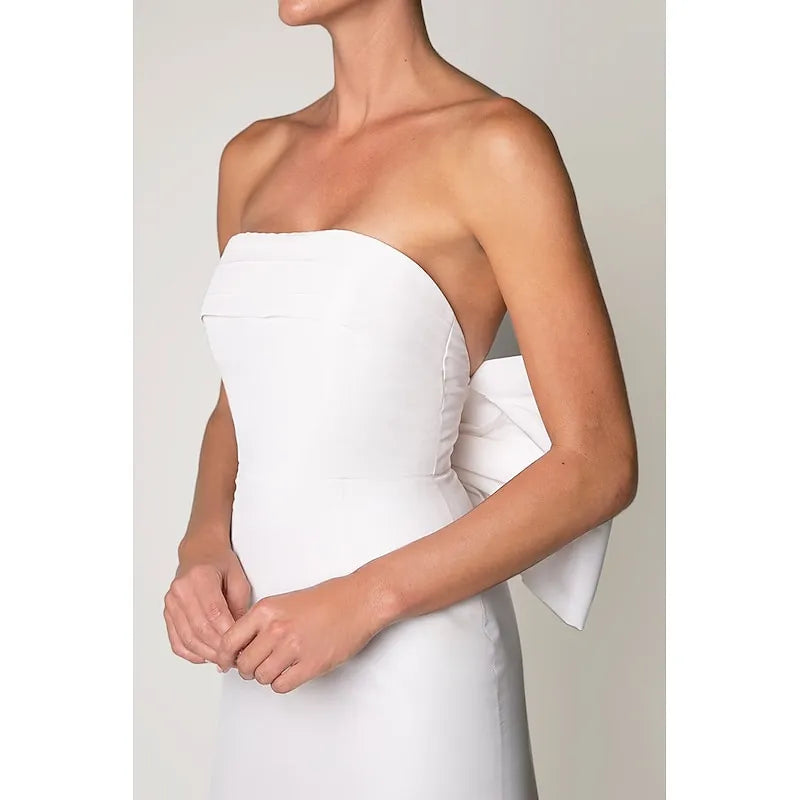 Modern Sheath Strapless Sleeveless Bow-embellished White Midi Evening Dress for Women Custom
