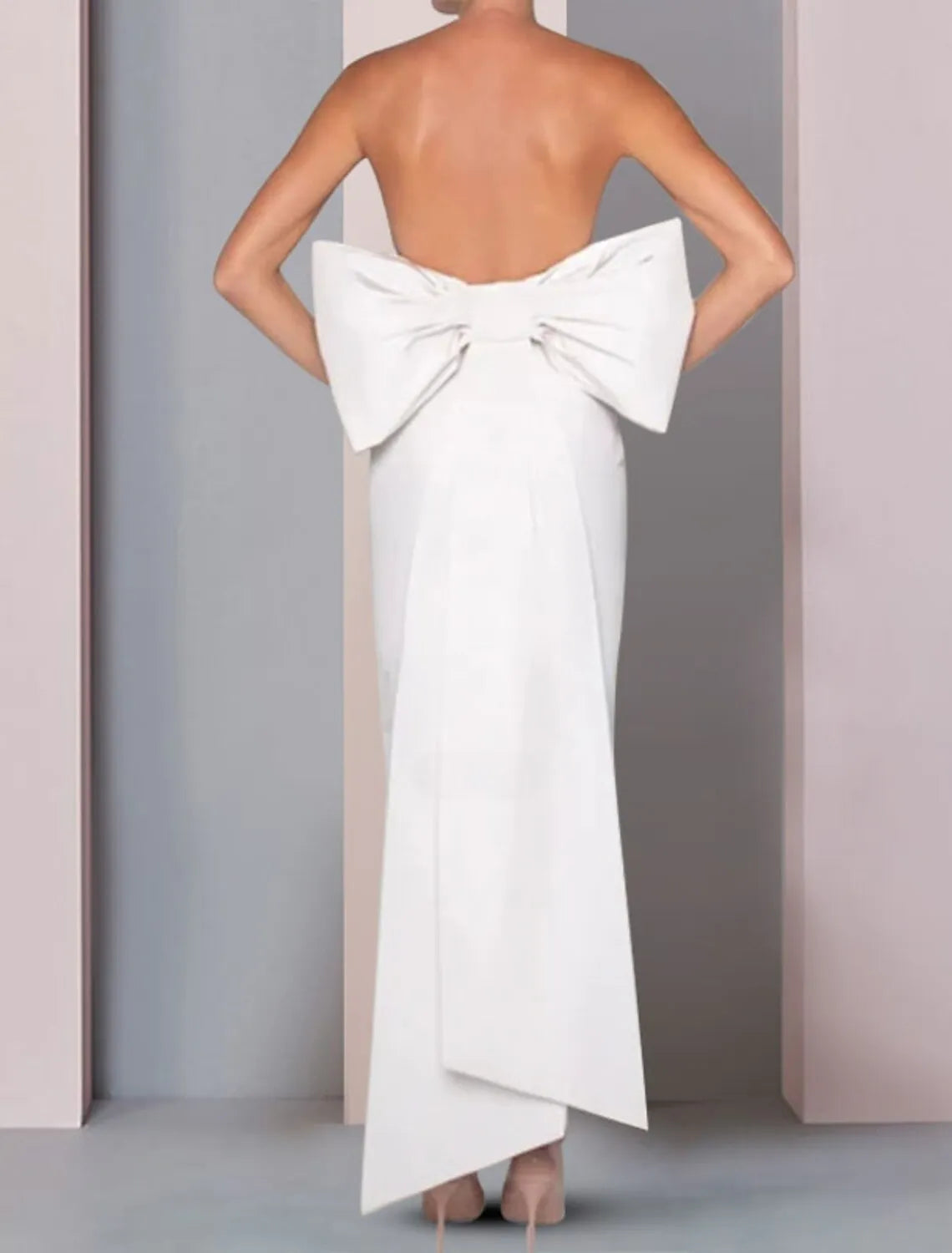 Modern Sheath Strapless Sleeveless Bow-embellished White Midi Evening Dress for Women Custom