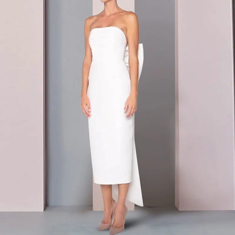 Modern Sheath Strapless Sleeveless Bow-embellished White Midi Evening Dress for Women Custom