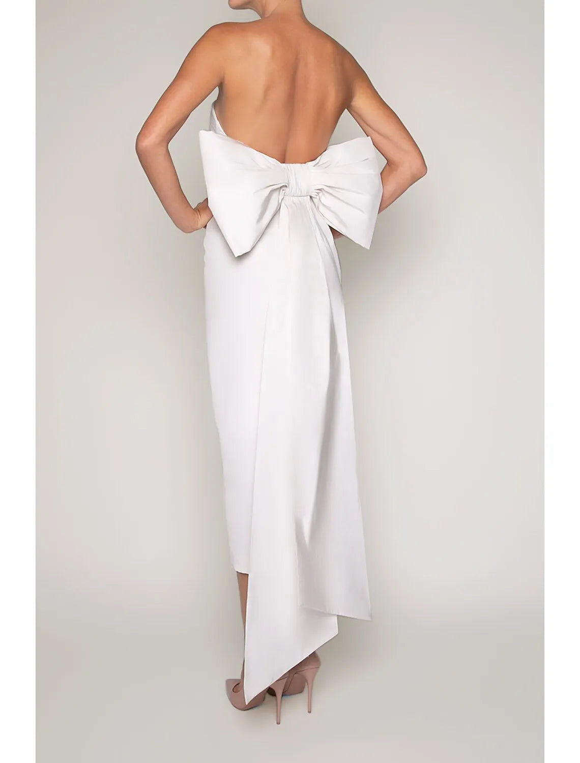 Modern Sheath Strapless Sleeveless Bow-embellished White Midi Evening Dress for Women Custom
