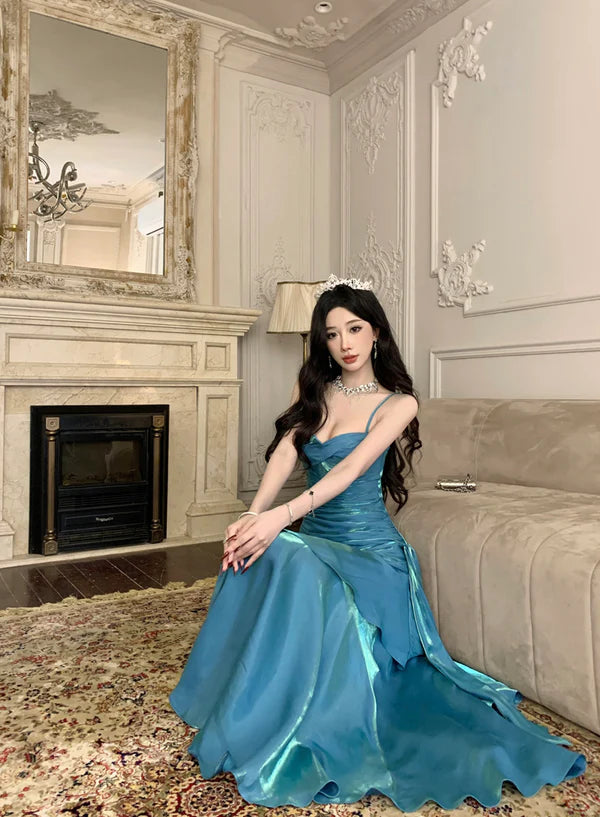 Modest Blue Satin Spaghetti Straps Sleeveless Ruffled Mermaid Long Prom Gown Budget Blue Party Dresses