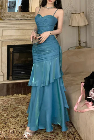 Modest Blue Satin Spaghetti Straps Sleeveless Ruffled Mermaid Long Prom Gown Budget Blue Party Dresses