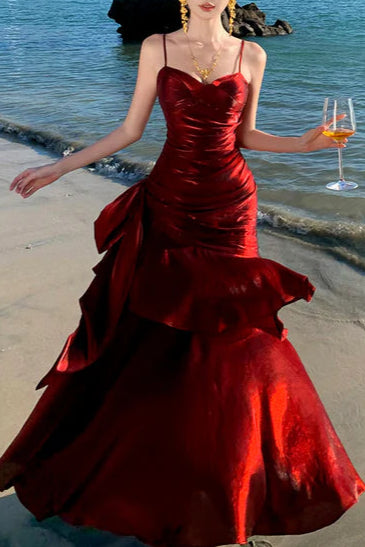 Modest Burgundy Satin Spaghetti Straps Sleeveless Ruffled Mermaid Long Prom Gown Budget Burgundy Party Dresses