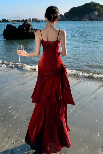 Modest Burgundy Satin Spaghetti Straps Sleeveless Ruffled Mermaid Long Prom Gown Budget Burgundy Party Dresses