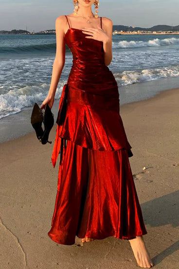 Modest Burgundy Satin Spaghetti Straps Sleeveless Ruffled Mermaid Long Prom Gown Budget Burgundy Party Dresses