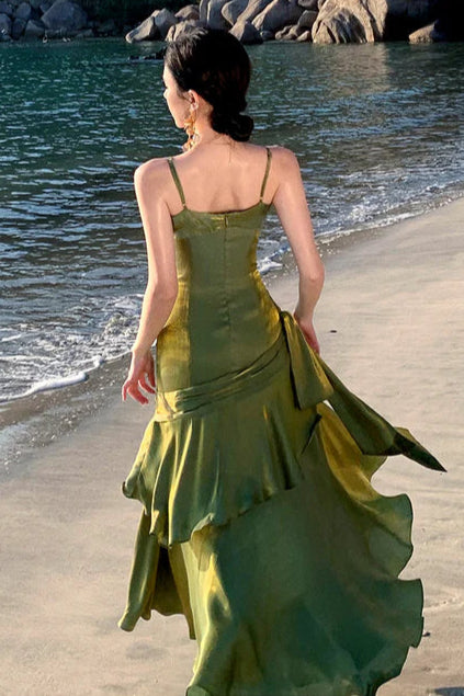 Modest Dark Green Satin Spaghetti Straps Sleeveless Ruffled Mermaid Long Prom Gown Budget Dark Green Party Dresses