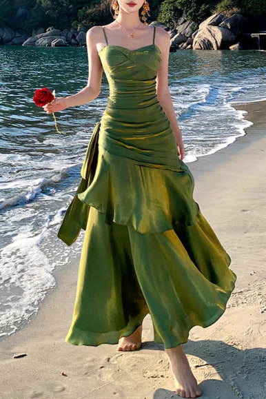 Modest Dark Green Satin Spaghetti Straps Sleeveless Ruffled Mermaid Long Prom Gown Budget Dark Green Party Dresses