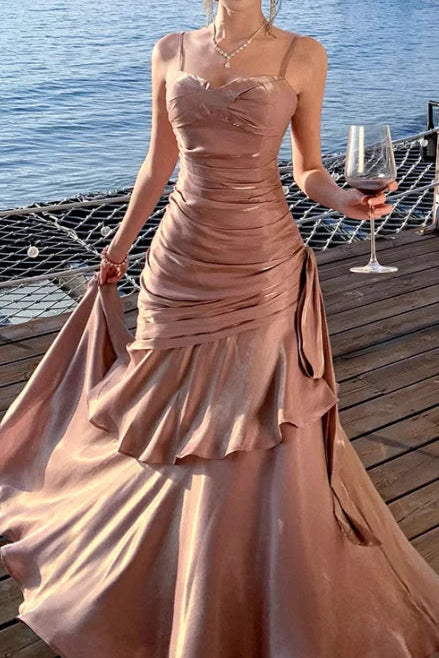 Modest Pink Satin Spaghetti Straps Sleeveless Ruffled Mermaid Long Prom Gown Budget Pink Party Dresses