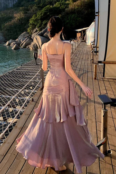 Modest Pink Satin Spaghetti Straps Sleeveless Ruffled Mermaid Long Prom Gown Budget Pink Party Dresses