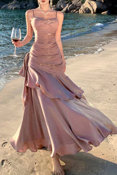 Modest Pink Satin Spaghetti Straps Sleeveless Ruffled Mermaid Long Prom Gown Budget Pink Party Dresses
