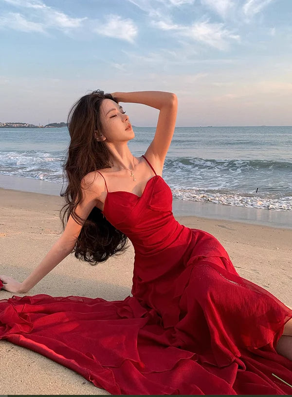 Modest Red Chiffon Spaghetti Straps Sleeveless Mermaid Tiered Long Evening Dress Bargain Prom Dresses