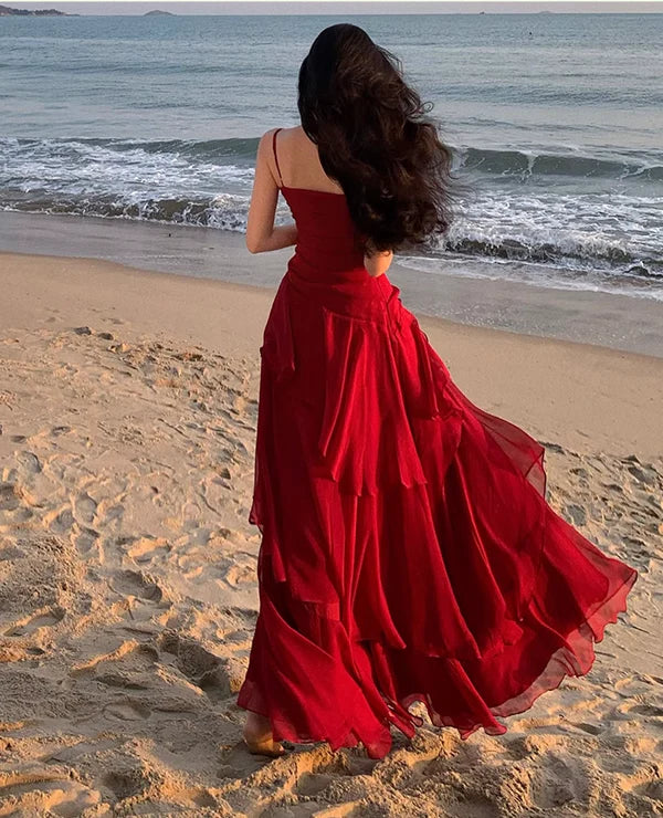 Modest Red Chiffon Spaghetti Straps Sleeveless Mermaid Tiered Long Evening Dress Bargain Prom Dresses