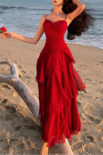Modest Red Chiffon Spaghetti Straps Sleeveless Mermaid Tiered Long Evening Dress Bargain Prom Dresses