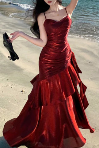 Modest Red Satin Spaghetti Straps Sleeveless Mermaid Long Prom Gown Budget Red Party Dresses