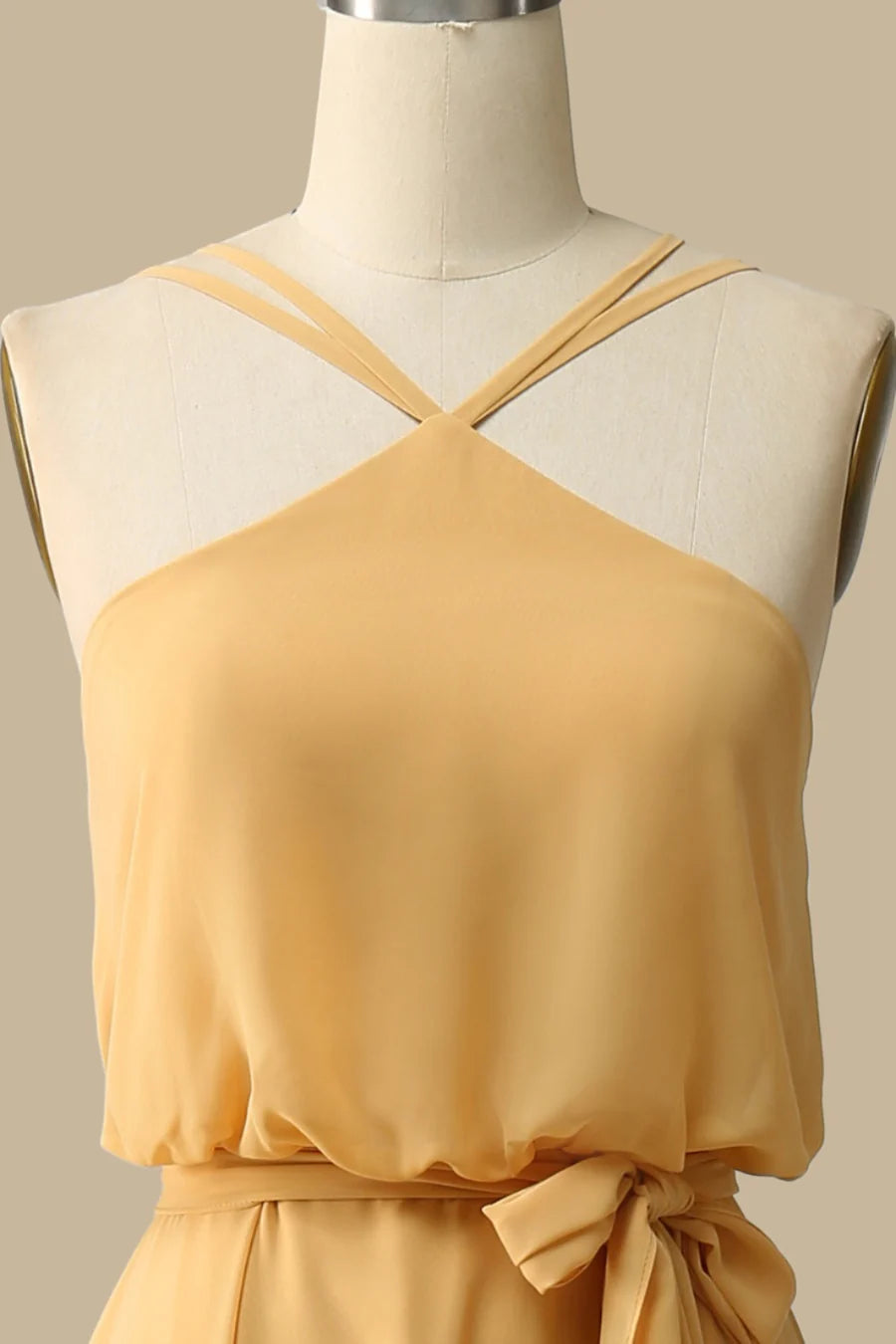 Mustard Yellow Chiffon Blouson-Style Halter Chiffon Maxi Dress Bridesmaid Dresses