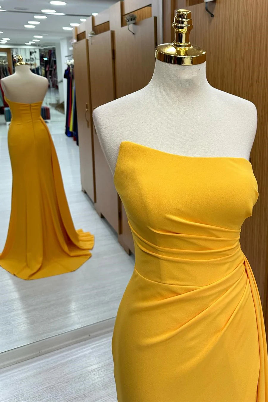 Mustard Yellow Strapless Ruched Floor Length Bridesmaid Dress with Slit and Attached Train