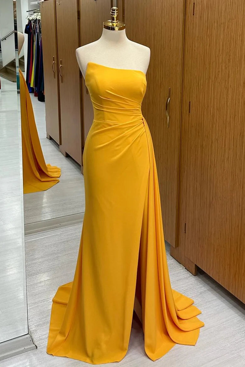 Mustard Yellow Strapless Ruched Floor Length Bridesmaid Dress with Slit and Attached Train