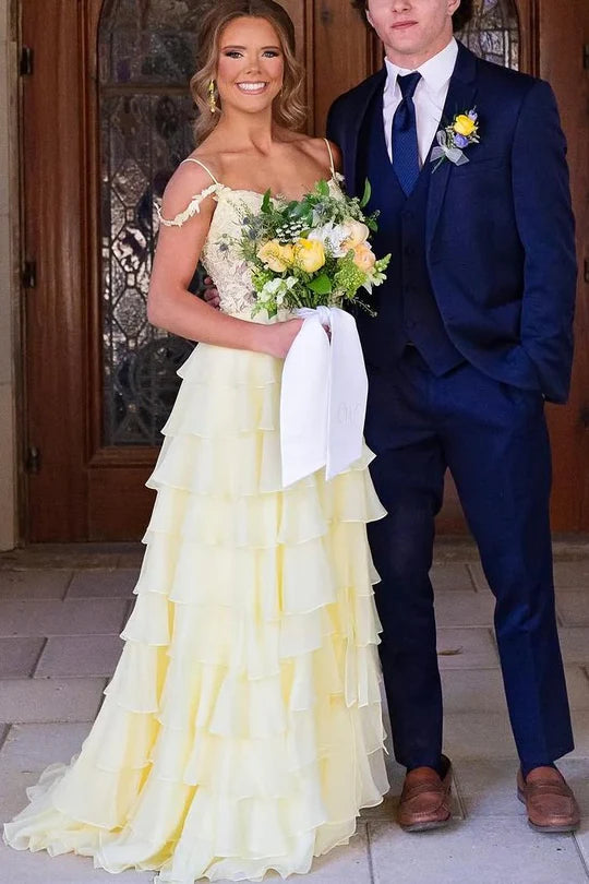 A-Line Empire-Waist Cold Shoulder Tiered Chiffon Prom Dress Long