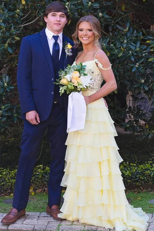 A-Line Empire-Waist Cold Shoulder Tiered Chiffon Prom Dress Long