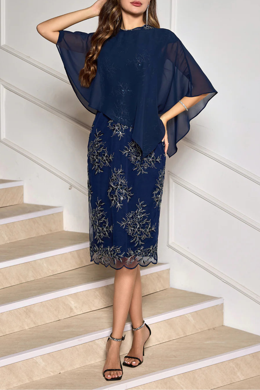 Navy Applique Sheath Half High Neck Tea Length Mother of the Bride Dress With Cape