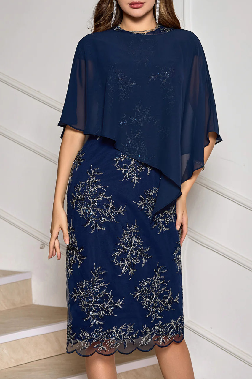 Navy Applique Sheath Half High Neck Tea Length Mother of the Bride Dress With Cape