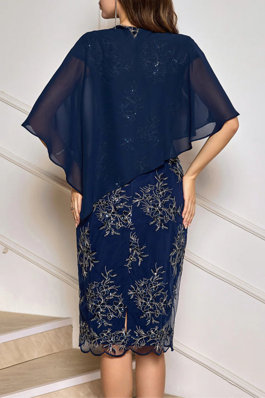 Navy Applique Sheath Half High Neck Tea Length Mother of the Bride Dress With Cape
