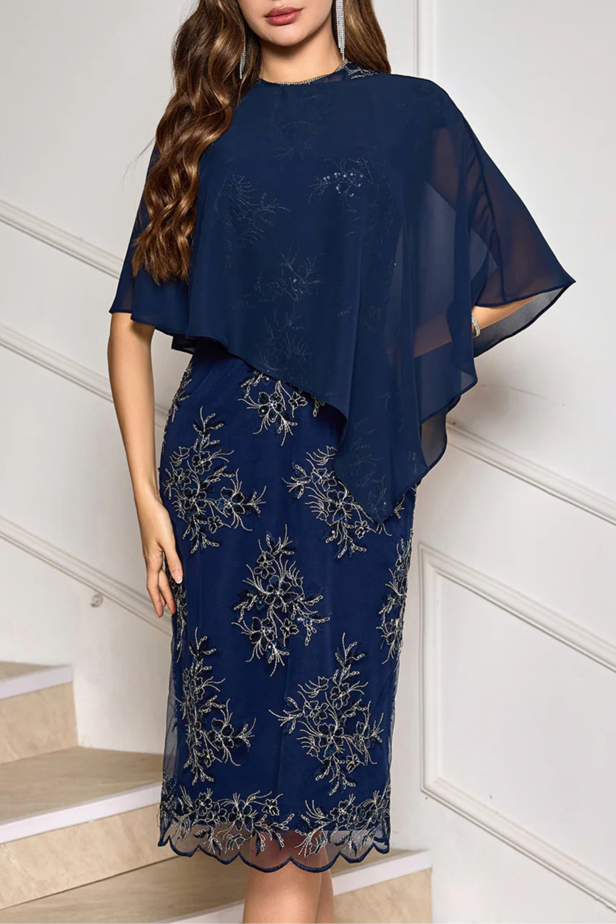 Navy Applique Sheath Half High Neck Tea Length Mother of the Bride Dress With Cape