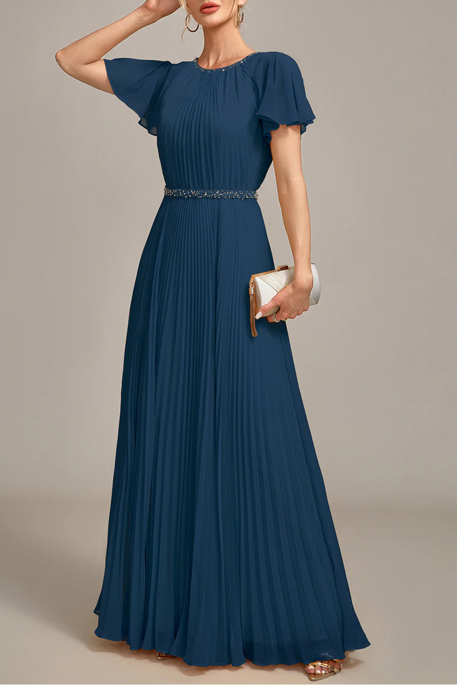 Navy Beaded Pleated Round Neck A-Line Long Mother of Bride Dress With Short Sleeves