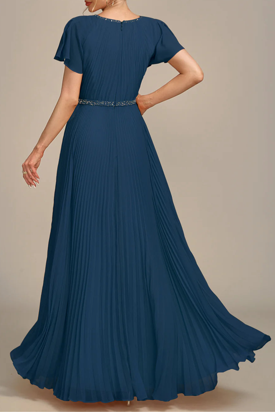 Navy Beaded Pleated Round Neck A-Line Long Mother of Bride Dress With Short Sleeves
